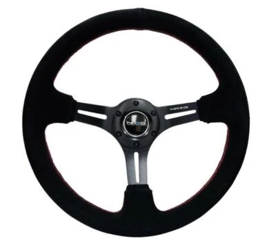 NRG Reinforced Steering Wheel (350mm / 3in. Deep) Blk Suede w/Red Stitching - Image 1 of 3