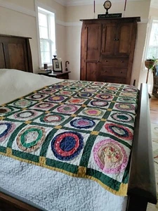 Patchwork Quilt Crazy Circles Flowers Handmade Throw Blanket Multicolor 48x76" - Picture 1 of 13