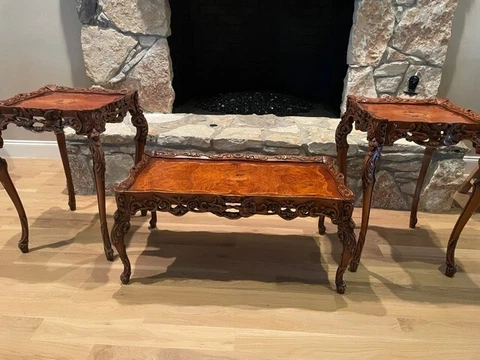 3 tables Antique French Louis XV walnut / Inlay: 2 Side tables + 1 coffee table Cover