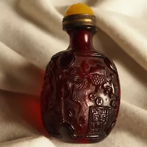 Chinese Antique Signed Handcarved Cherry Amber Snuff Bottle Lotus Calligraphy - Picture 1 of 10