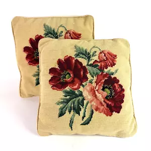 X2 Vintage 70s Handmade Needlepoint Throw Pillows Rose Floral Accent Cottagecore - Picture 1 of 14