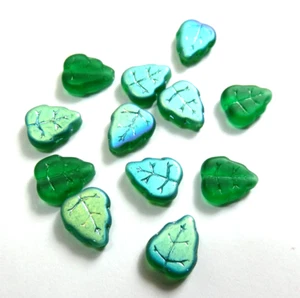 12 Pcs ~ Lrg LEAF ~ BERYL GREEN GHOST ~ 12x10mm ~ FIRE POLISH ~ GLASS BEADS LOT - Picture 1 of 1
