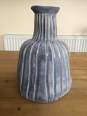 Large Blue & Cream Striped/Ribbed “Scratch” Bulbous Vase 23cm - Image 1 of 4