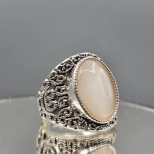 Anillo Cabujón Melocotón Tono Plata Grueso Desplazamiento Trabajo Monalisa Boho Talla 8 - Imagen 1 de 12