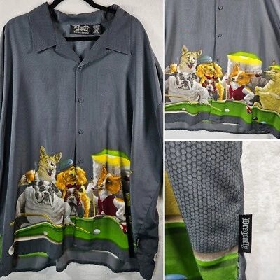 Dragonfly Y2K Shirt Mens 4XL Gray Dogs Playing Pool Button Up Retro - Image 1 of 4