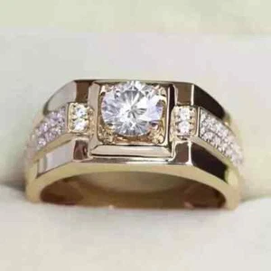 2Ct Round Cut Lab Created Diamond Men's Engagement Ring 14k Yellow Gold Plated - Picture 1 of 5