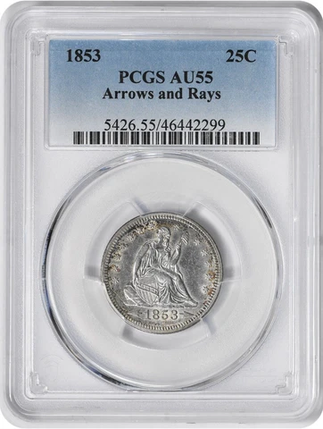 1853 Liberty Seated Silver Quarter Arrows and Rays AU55 PCGS Cover