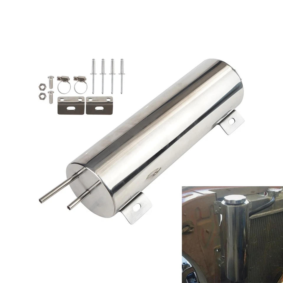 3"x10" Polished Radiator Coolant Overflow Catch Puke Tank 32OZ Stainless Steel - Image 1 of 4