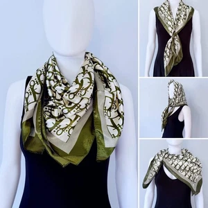 Olive Silk Feel Square Scarf Initial D Print - Picture 1 of 5