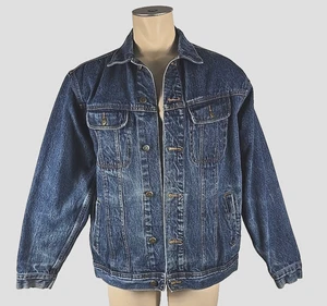 Vintage Wrangler Rugged Wear Mens Blue Denim Jean Trucker Jacket  Sz LT - Picture 1 of 4