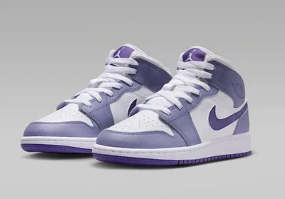 Rare Air Jordan 1 Mid Shoes White Court Purple Big Kids (GS) | Size 3.5Y - 7Y US - Image 1 of 4