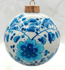 Hand Painted Glass Ball Ornament Chinoiserie-Inspired Design Floral Classic 4" - Picture 1 of 17