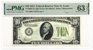 1934 $10 FRN St. Louis Light Green Seal PMG CU63 EPQ Choice Uncirculated FR 2004 - Picture 1 of 2