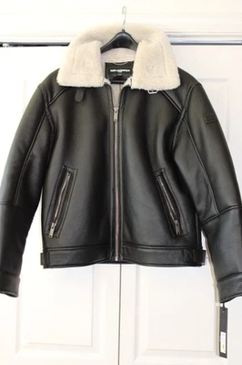 NEW Karl Lagerfeld Men's Faux Leather Sherpa Jacket Black Oversized Bomber Sz M - Image 1 of 4