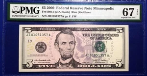 2009 $5 Federal Reserve Note Fr-1994-I Minneapolis PMG67 Superb Gem EPQ - Picture 1 of 2