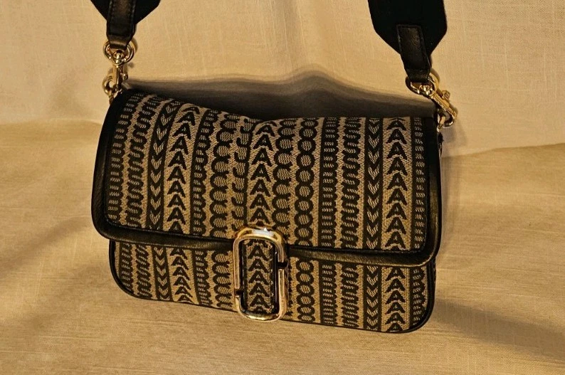 Bolso de Hombro Marc Jacobs Beige/Multi Jacquard Negro Cuero Borde Bandolera Correa Foto 1 de 4