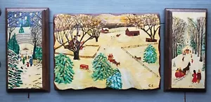 Tríptico vintage pintado a mano, escenas de nieve de invierno, 1981 granja iglesia trineo y caballo - Imagen 1 de 8
