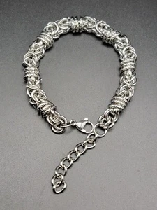 Silver Tone Mens Thick Round Bizantine Braid Link Chain Bracelet 8mm Adjustable - Picture 1 of 18