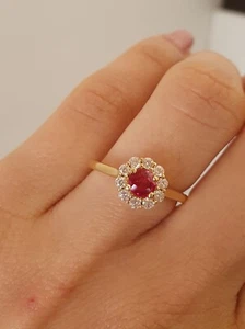 Natural Round Ruby Halo Ring | 18K Yellow Gold Ruby Ring - Picture 1 of 6