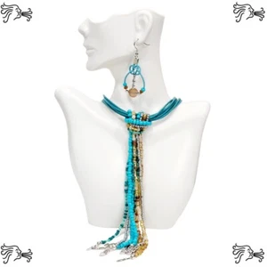 Multistrand Turquoise Green Leather Choker w/ Beaded Strands Necklace & Earrings - Picture 1 of 11
