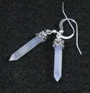Natural Blue Chalcedony Agate Point Faceted Earrings Hook .925 Sterling Silver - Picture 1 of 2