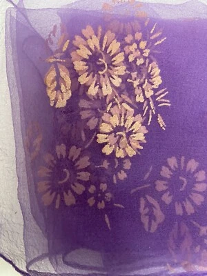 Vintage Nylon Sheer Purple 1950s Japan Scarf With Pink Flowers  - Image 1 of 4