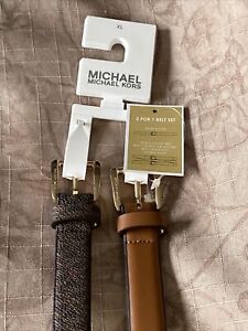 Michael Kors belts 2 For 1 Brown MK Logo/Luggage Gold Buckles "Skinny" MSRP $48