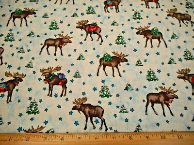 Christmas Fabric 1 7/8 Yard Moose Pine Tree Star Blue Ivory Cotton #51 Vtg C - Image 1 of 2