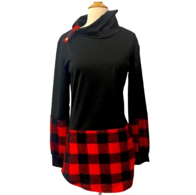 复古 1990 年代红色和黑色垃圾迷你衬衫连衣裙,长袖,中号 — 第 1/4 张图片