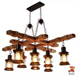 Vintage Industrial 8-Light Chandelier - Rustic Wood & Metal Pendant Lamp - Picture 1 of 12