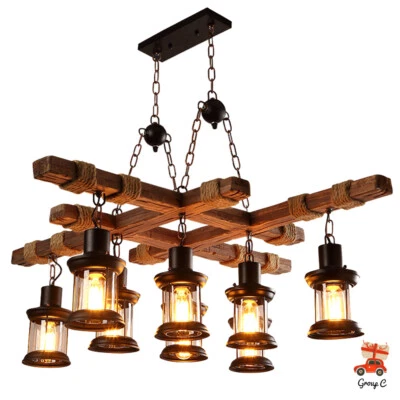 8-Light Rustic Country Chandelier Wood Pendant Lamp Industrial Ceiling Fixture - Image 1 of 4