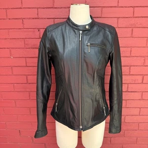Harley Davidson Womens Small Black Leather Rhinestone Jacket Moto Biker - Bild 1 von 9