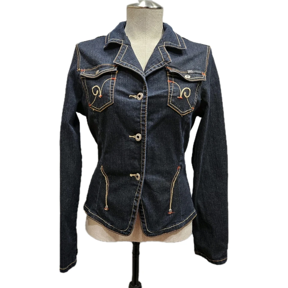RocaWear Denim Jean Jacket Womens Large Blue Dark Wash Fitted Contoured Biker - Image 1 of 4