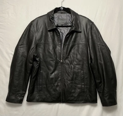 Chaqueta de cuero negra Izod para hombre abrigo grande suave cuello piel de cordero bolsillos de bombardero Foto 1 de 4