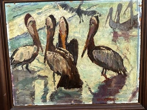 original oil painting of pelicans 20x18 oil on board signed - Picture 1 of 15