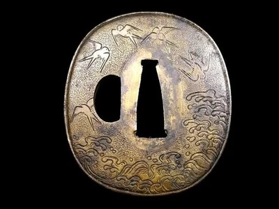 TSUBA Plovers and Waves Powerful Carving Japanese Brass Sword Guard Edo Antique - Image 1 of 4