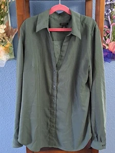 Ann Taylor Waldgrün Top Bluse Kragen Basic Manschette Langarm Knopf - Gr. M - Bild 1 von 6
