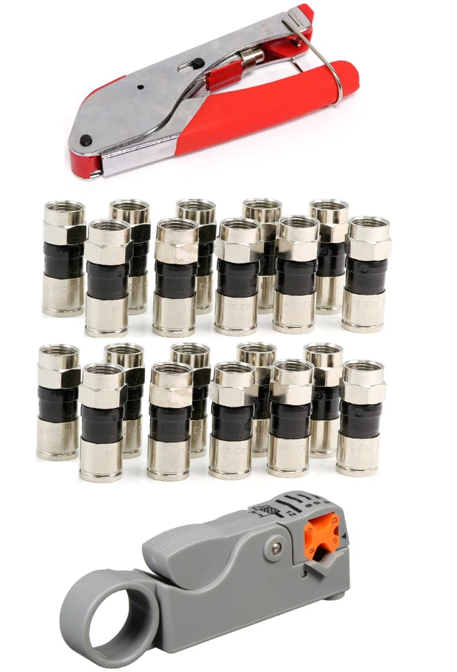 Coax Wire Cable Crimper Stripper Tool Kit & 20 Male F Rg6 Compression Connectors
