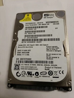 Western Digital WD2500BEVS-60UST0 P/N 455019-001 Laptop 250GB 2.5" SATA HDD - Image 1 of 3