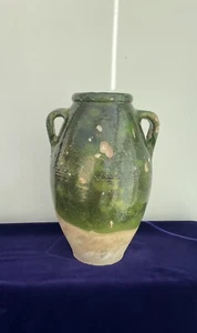Vintage mediterranes Olivengefäß rustikal Terrakotta teilglasiert Topf mit Griffen - Bild 1 von 9