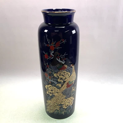 Jarrón Pavo Real Azul Cobalto Borde Dorado 10 7/8" Alto - De Colección Japón Foto 1 de 4