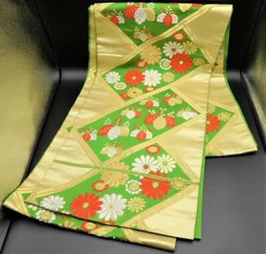 FUKURO OBI SILK Gold Brilliant Green Flower KIMONO Vintage Antique Special Price - Picture 1 of 12