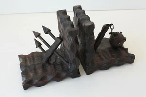 Vintage Wooden Wood Carved Bookends Trident Mace Nautical Weapons Armaments - Picture 1 of 9
