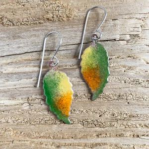 Enamel Leaf Earrings Colorful Fall Leaf enameled copper Handmade USA - Picture 1 of 5