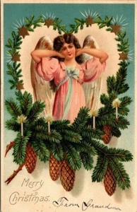 MERRY CHRISTMAS - ANGEL CELEBRATES HOLIDAY - OLD UNDIVIDED EMBOSSED POSTCARD - Picture 1 of 2