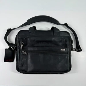 TUMI Black Leather Computer Laptop Bag 96021D4 - Expandable Company Logo - Picture 1 of 12