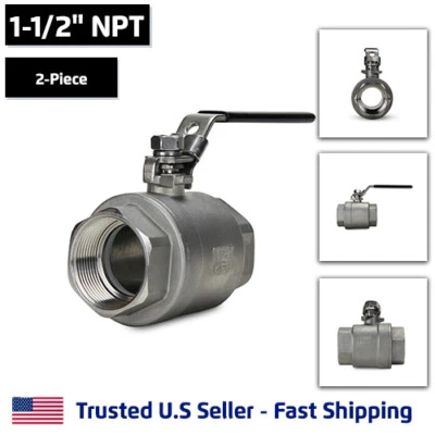 1-1/2" 2-Piece Full Port Ball Valve, Stainless Steel, NPT Threaded SS, 1000 WOG - Image 1 of 4