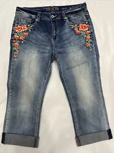 Grace In LA Jeans Women’s 28 Floral Embroidered Easy Fit Blue Denim Capri - Picture 1 of 19