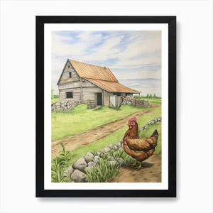 Chicken In Front Of Barn Art Print Framed Wall Art Poster Canvas Print Picture - Picture 1 of 4
