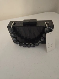 Pochette nuova target acrilico rettangolare fantasia manico tondo perline donna nera - Foto 1 di 5